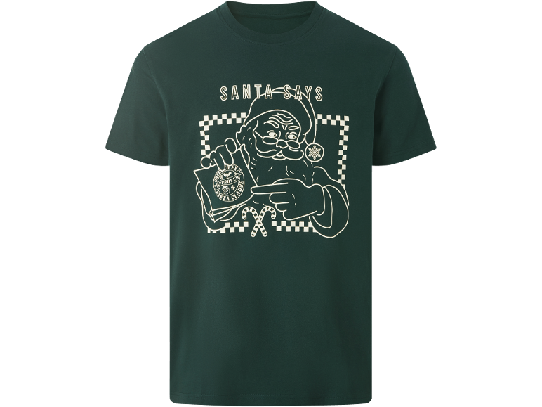 T-shirt vert foncé avec imprimé de Noël représentant le Père Noël et l'inscription SANTA SAYS