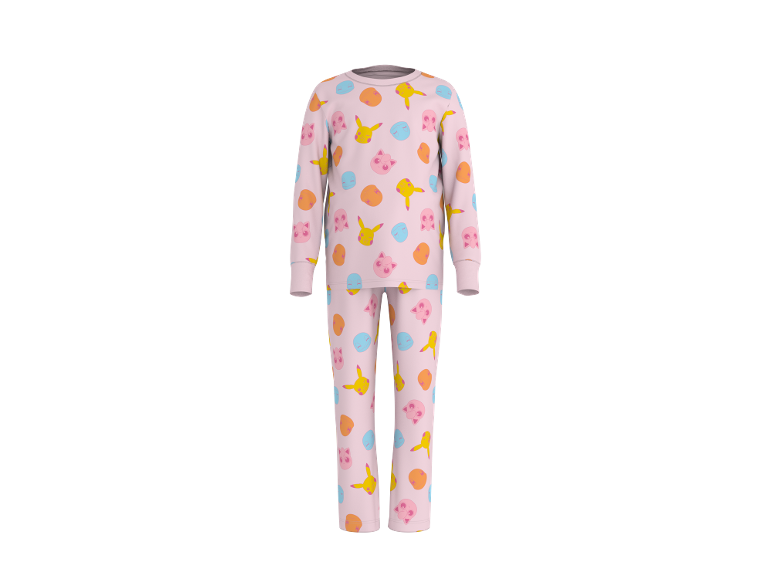 Pyjama deux pièces rose pour enfants avec des motifs de dessins animés colorés.