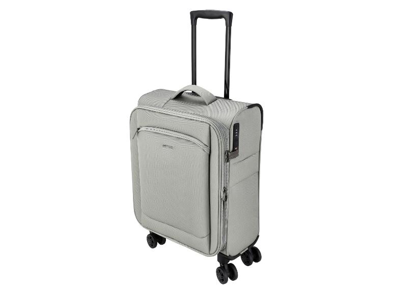 Valise cabine gris clair avec roulettes, poignée télescopique et serrure à combinaison.