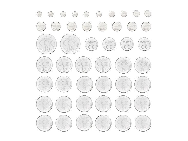 Piles bouton de différentes tailles, y compris lithium et alcalines, avec marquage CE.