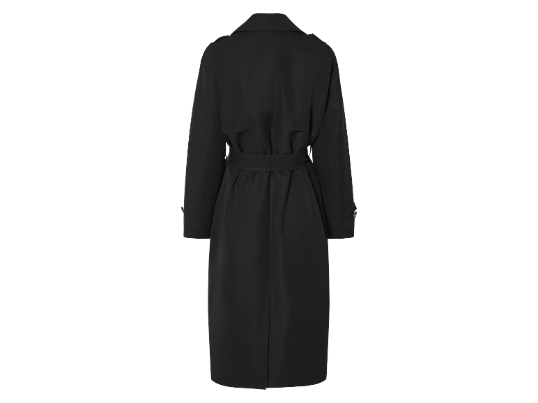 Un imperméable noir ceinturé, vue arrière.