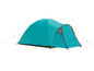Une tente de camping bleue avec des cordes jaunes.