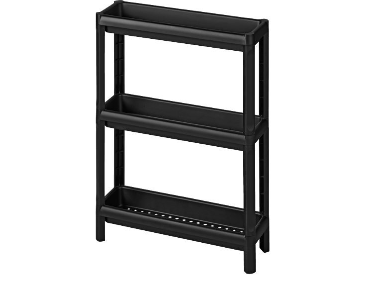 Étagère noire à trois niveaux avec compartiments allongés, idéale pour le rangement ou la culture.