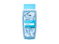 Bouteille de gel douche bleue avec un motif d'éclaboussures d'eau, étiquetée 'Pure Frische' et 'Vegan'.