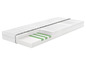 Une coupe transversale d'un matelas avec des couches de mousse et des zones de ventilation vertes.
