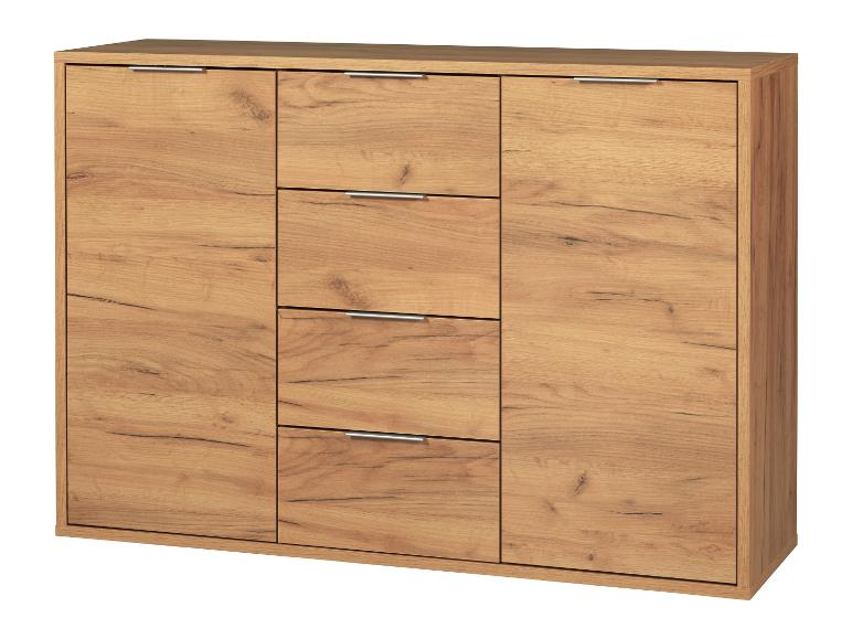 Un buffet en bois avec deux portes et quatre tiroirs.