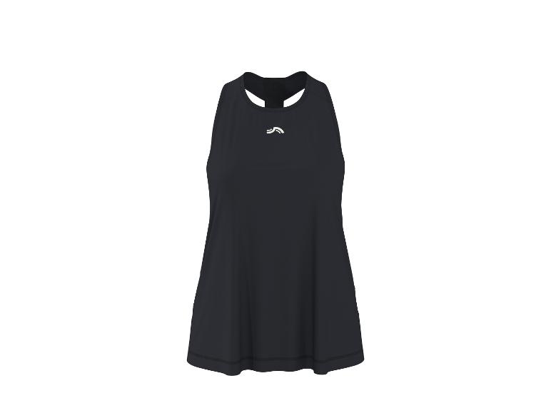 Robe de sport noire sans manches avec un logo blanc sur la poitrine.