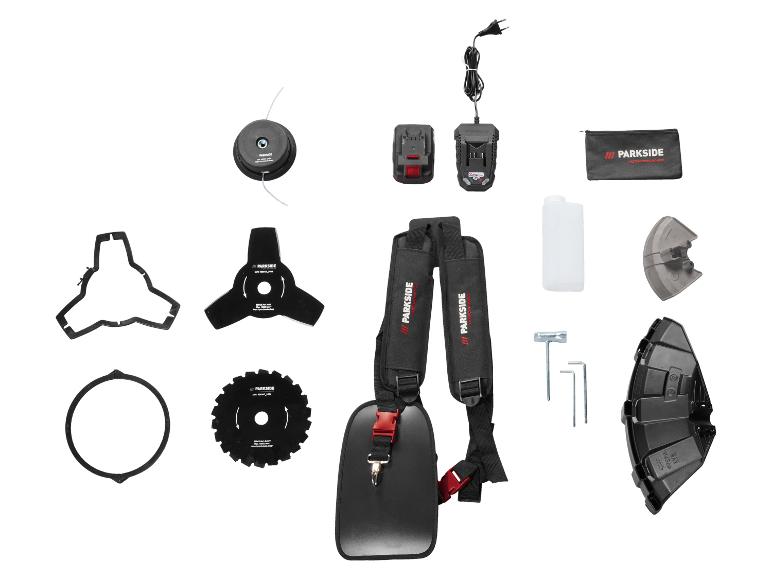 Accessoires pour coupe-bordures Parkside, incluant lames, chargeur, batterie, harnais et outils.