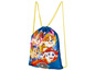 Un sac à dos bleu Paw Patrol avec des cordons jaunes.
