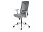 Chaise de bureau grise avec dossier en maille et accoudoirs.
