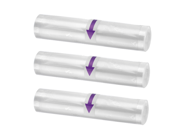 Trois rouleaux de sacs de mise sous vide transparents avec flèches violettes.