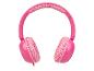 Casque rose pour enfant avec motif répété.