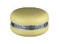 Enceinte sans fil jaune en forme de macaron avec une grille argentée.