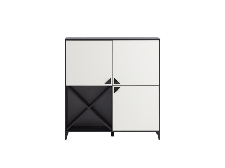 Meuble de rangement noir et blanc avec compartiments et casiers à bouteilles.