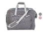 Sac de couture gris avec poignées et bandoulière, avec deux échantillons de couleur.
