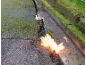 Désherbeur thermique en action sur une allée moussue.