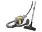 Aspirateur sans sac avec bac à poussière jaune et tube télescopique.