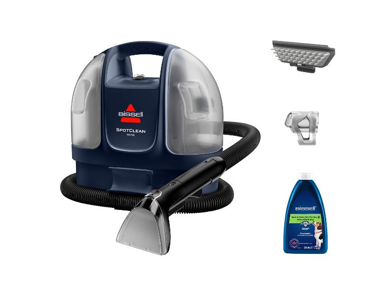 Nettoyeur de taches portable BISSELL SpotClean Mini avec accessoires et solution de nettoyage.
