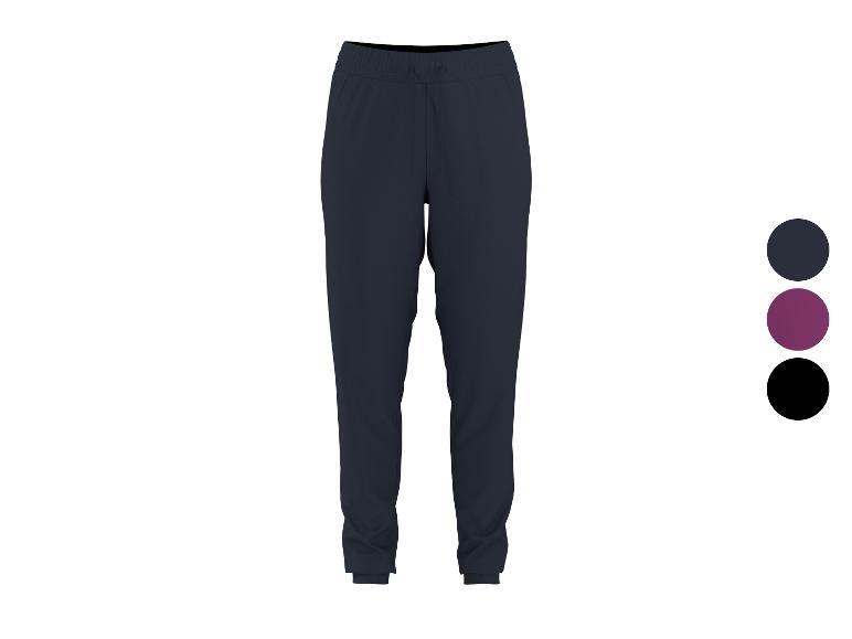 Pantalon de sport femme bleu marine avec taille élastique et trois options de couleur.