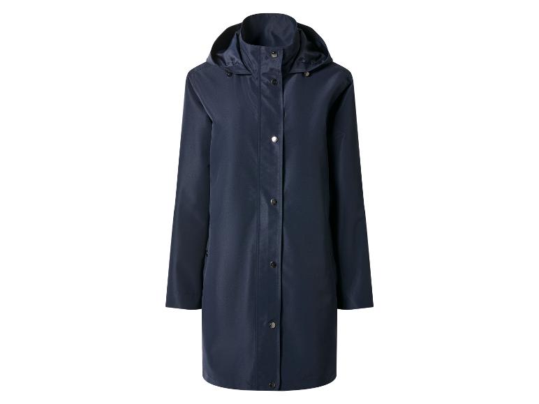 Imperméable bleu foncé pour femme avec capuche et boutons-pression.