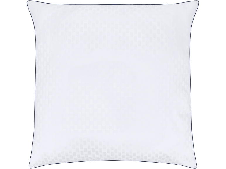 Oreiller blanc avec motif à carreaux subtil, bordé d'un liseré foncé.