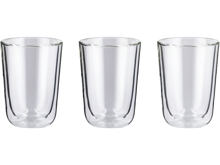 Trois verres à double paroi sur fond blanc.
