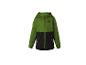 Veste softshell enfant verte et noire avec capuche et imprimé ours.