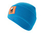 Un bonnet en laine bleu avec un logo orange 'Ski + Chill'.