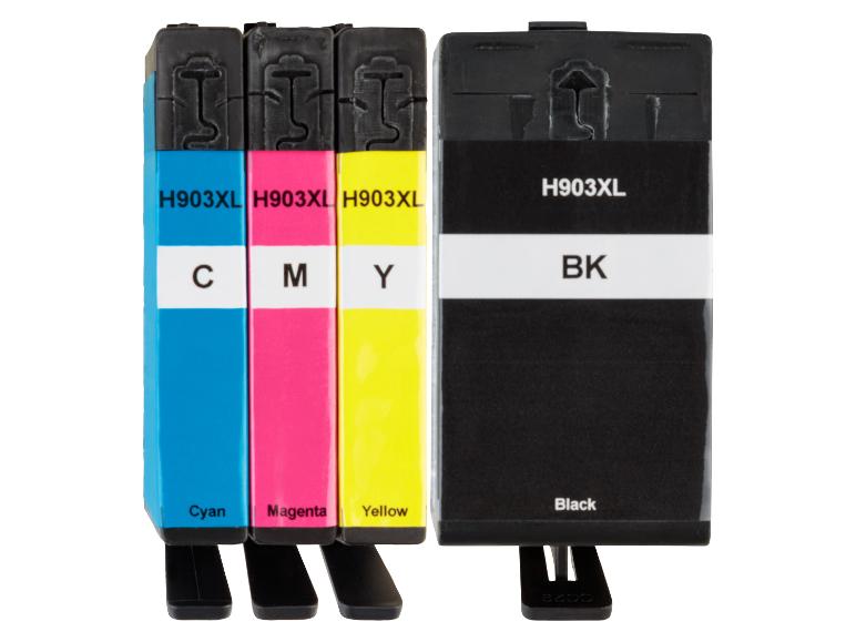 Cartouches d'encre pour imprimantes : noir, cyan, magenta et jaune.