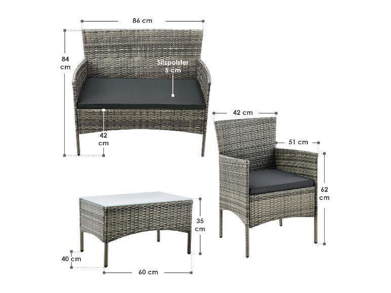Ensemble de mobilier de jardin en rotin avec canapé, fauteuil et table, avec coussins de 5 cm.