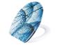 Un abattant de toilette blanc avec un couvercle bleu à motif de pissenlit.