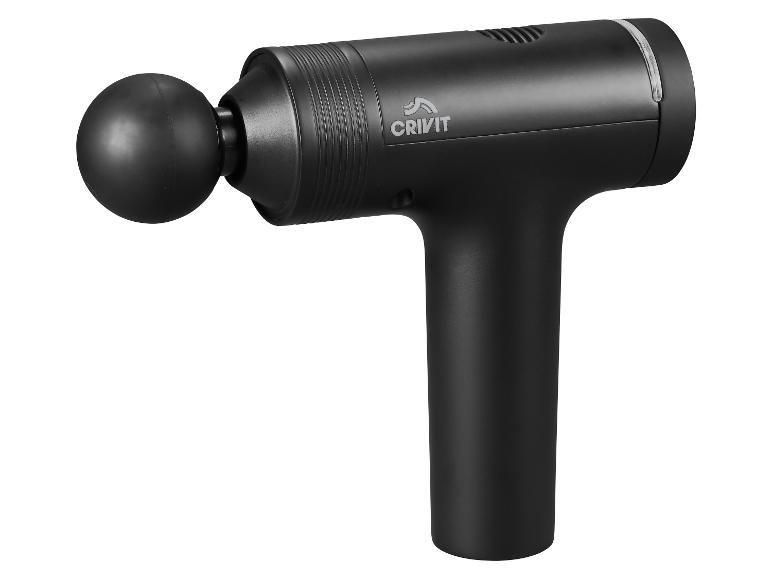 Un pistolet de massage noir Crivit avec une tête de massage ronde.