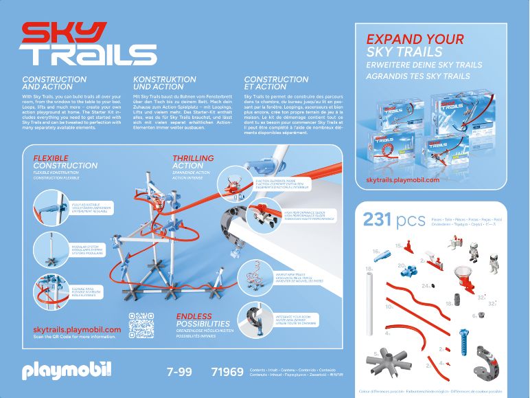Brochure pour un jeu de construction présentant différents circuits et pièces.
