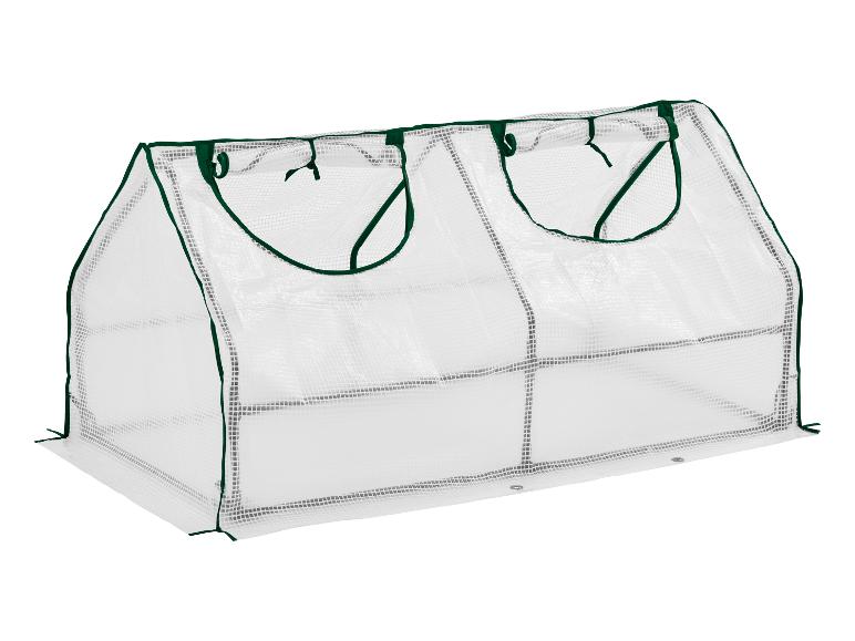 Mini-serre transparente avec cadre vert, idéale pour protéger les jeunes plantes.