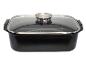 Plat de cuisson rectangulaire noir avec couvercle en verre transparent et bouton argenté