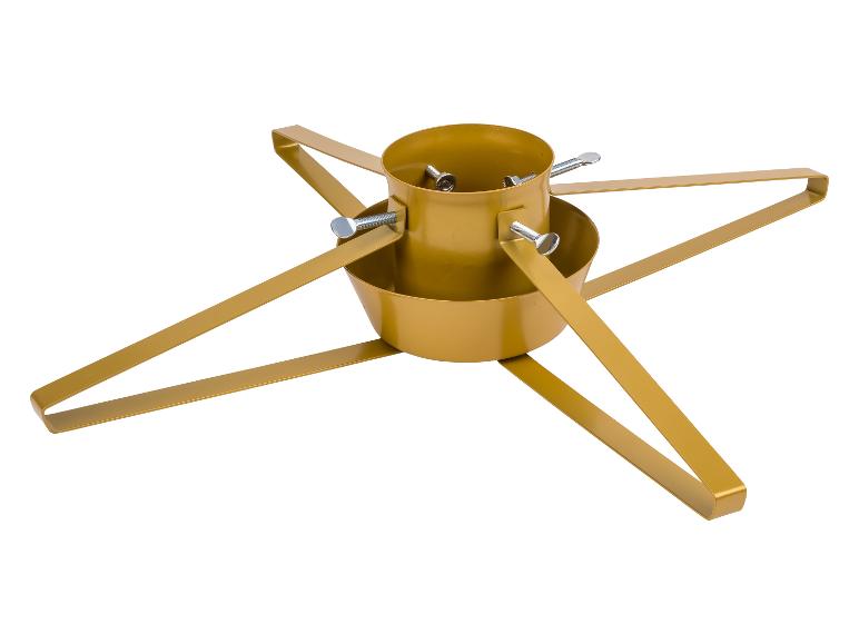 Support de sapin de Noël doré à quatre pieds et vis réglables.