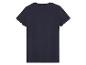 Un t-shirt bleu marine en tissu côtelé avec un ourlet frisé.