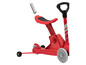Une trottinette rouge pour enfant avec un siège et un guidon amovible.