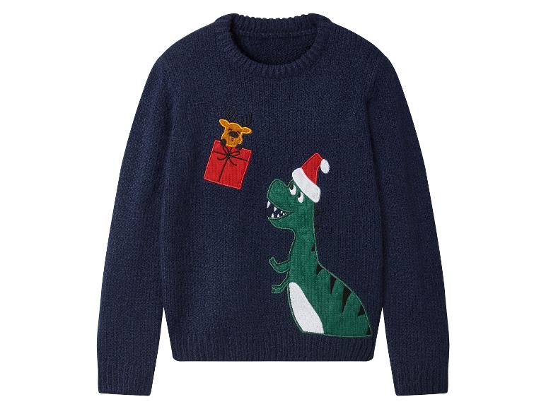 Pull de Noël bleu foncé avec un dinosaure portant un bonnet de Père Noël et un renne avec un cadeau.