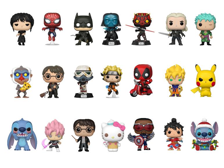 Collection de figurines Funko Pop de personnages de films, BD et animes.