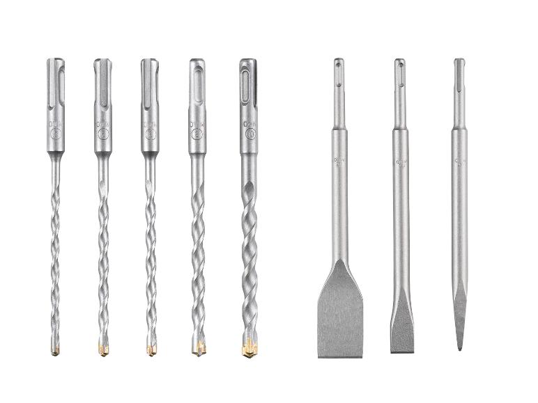 Jeu de forets et burins SDS pour marteau, incluant des forets de 5, 6, 8 et 10 mm