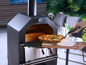 Une pizza est sortie d'un four à pizza noir.