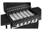 Barbecue à gaz noir avec six brûleurs et grille de cuisson en acier inoxydable.