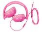 Casque audio rose avec fil, motif dinosaures.