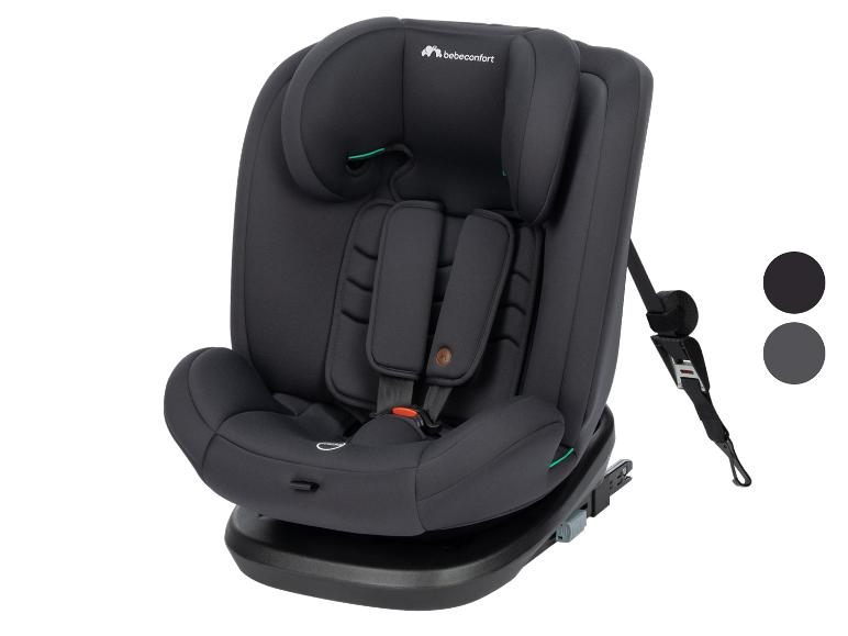 Siège auto noir pour enfant avec harnais et appui-tête réglable.