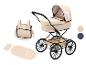 Poussette de poupée beige avec accessoires: sac à langer, matelas et oreiller.