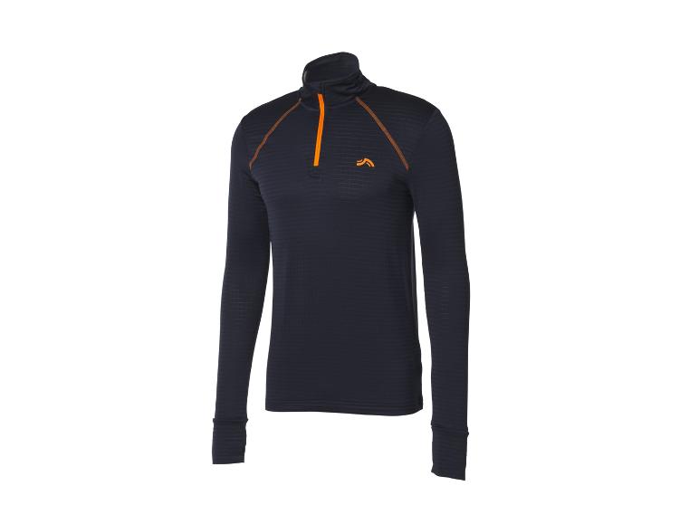Maillot de sport noir à manches longues avec fermeture éclair orange.