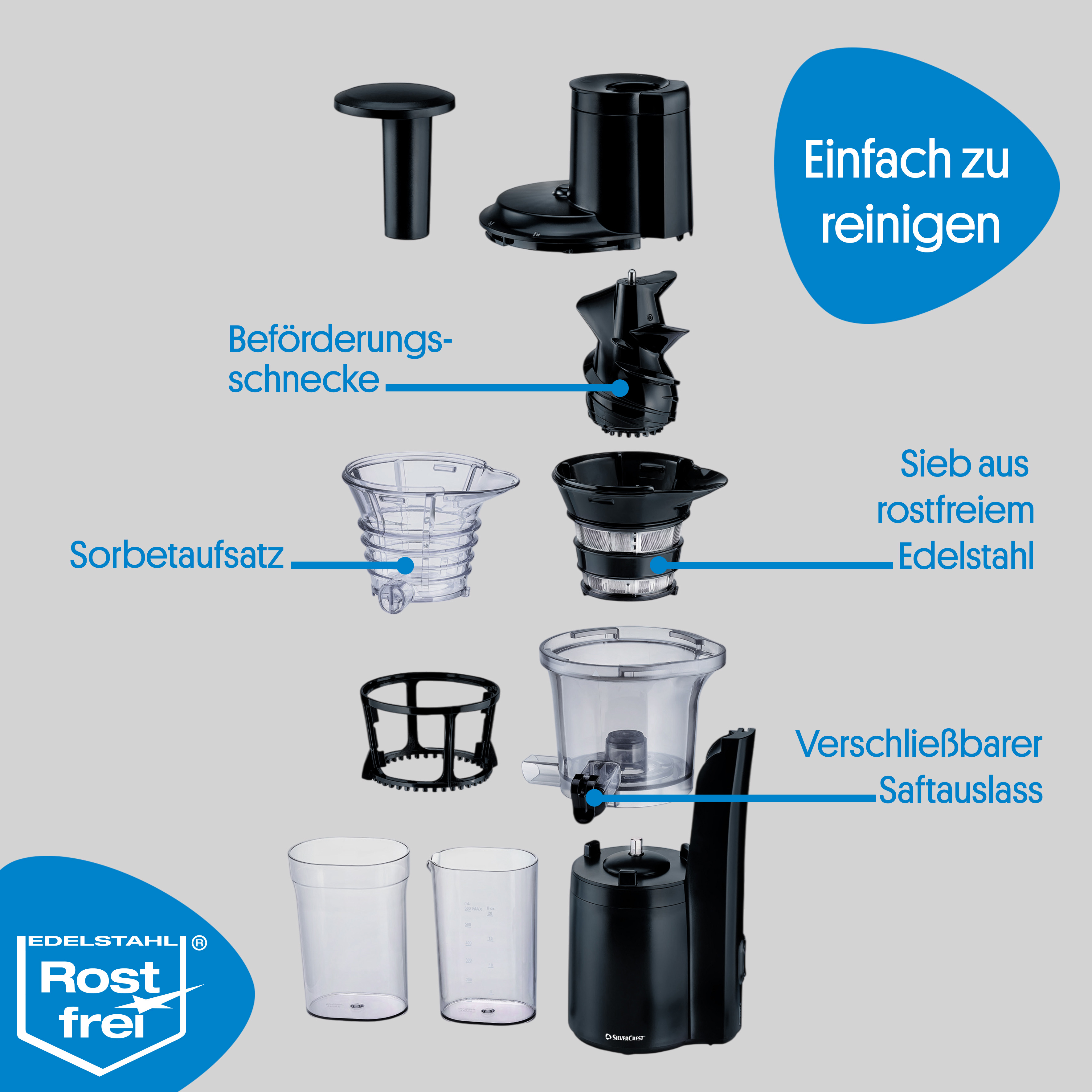 Structure de l'extracteur de jus lent : vis sans fin de transport, tamis en acier inoxydable, accessoire pour sorbet, sortie de jus refermable. Facile à nettoyer.