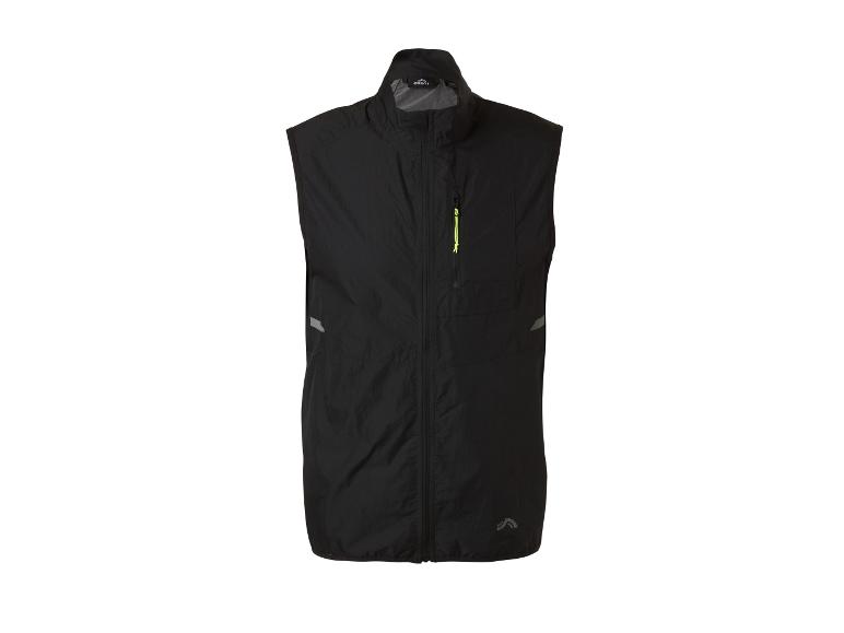 Gilet de sport noir sans manches avec fermeture éclair et détails réfléchissants.
