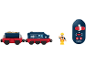 Train jouet avec wagon, figurine d'ouvrier et télécommande.